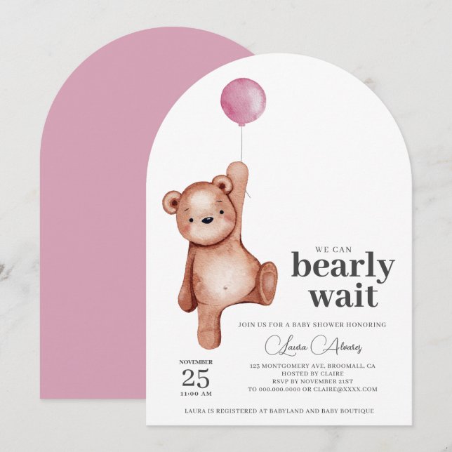 Teddy Bear Girl Babydusche Einladung (Vorne/Hinten)