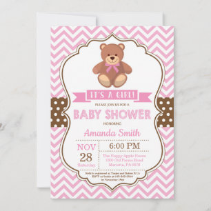 Teddy Bear Girl Babydusche Pink Zickzack Einladung