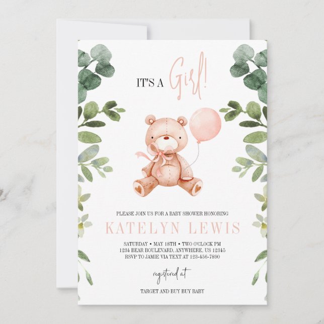 Teddy Bear Girl Greenery Baby Shower Einladung (Vorderseite)