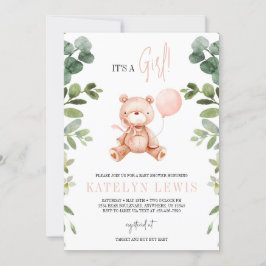 Teddy Bear Girl Greenery Baby Shower Einladung