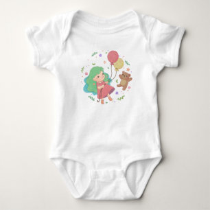 Teddy Bear & Girl Illustration Baby Strampler