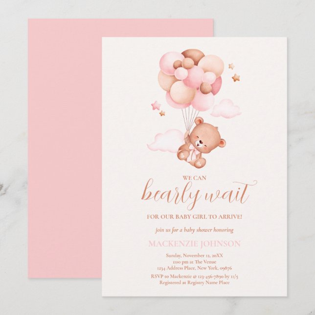 Teddy Bear Girl Pink Bearly Wait Baby Dusche Einladung (Vorne/Hinten)