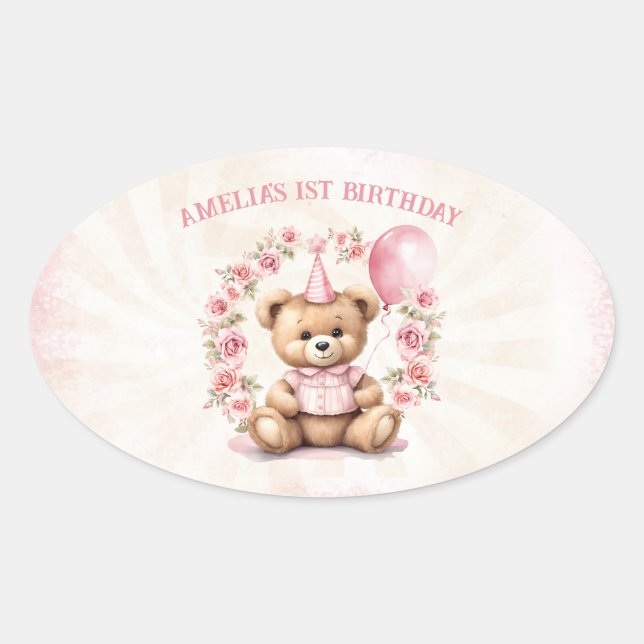 Teddy Bear Girl Pink Roses Ovaler Aufkleber (Vorderseite)
