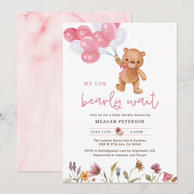 Teddy Bear Girl Wir können frühzeitig abwarten Bab Einladung (Vorne/Hinten)
