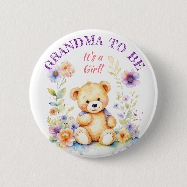 Teddy Bear Girl's Baby Shower Oma zu sein Button (Vorderseite)