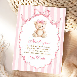 Teddy Bear Girls Pink Bow Stripes 1st Birthday Dankeskarte