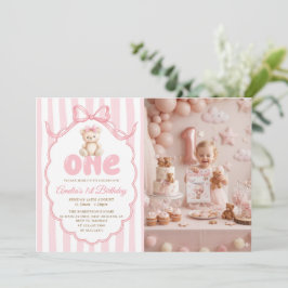 Teddy Bear Girls Pink Bow Stripes 1st Birthday  Einladung