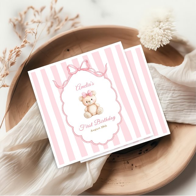 Teddy Bear Girls Pink Bow Stripes 1st Birthday Serviette (Von Creator hochgeladen)