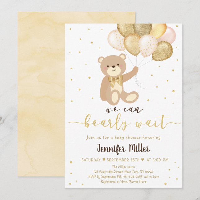 Teddy Bear Gold Ballon Gender Neutral Baby Dusche Einladung (Vorne/Hinten)