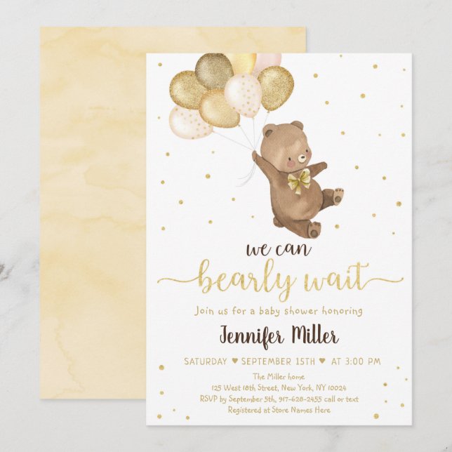 Teddy Bear Gold Balloons Neutral Baby Shower Einladung (Vorne/Hinten)