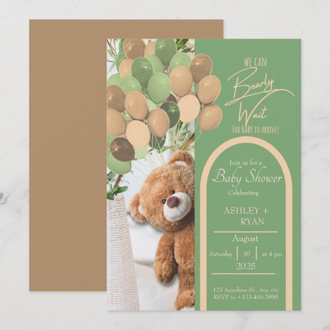 Teddy Bear Green and Brown Baby Shower Einladung (Vorne/Hinten)