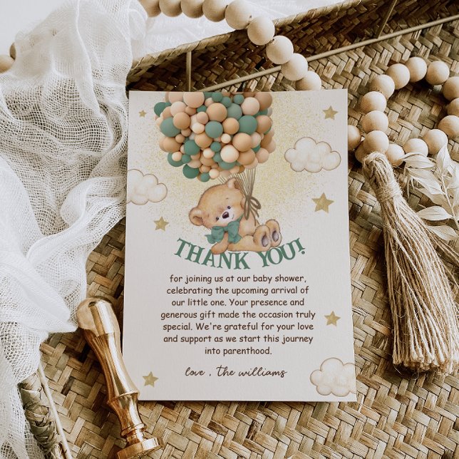 Teddy Bear Green Brown Babydusche Dankeskarte (Von Creator hochgeladen)