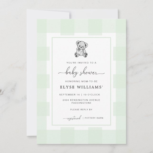 Teddy Bear Green En vichy Baby shower Invitation (Devant)
