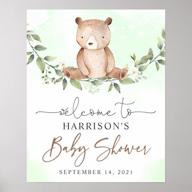Teddy Bear Green Floral Baby Dusche Begrüßungszeic Poster (Vorne)