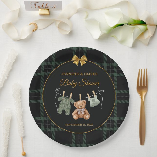 Teddy Bear Green Plaid Baby Shower Pappteller (Hochzeit)