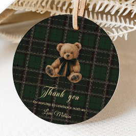 Teddy Bear Green Tartan Baby Shower Geschenkanhänger
