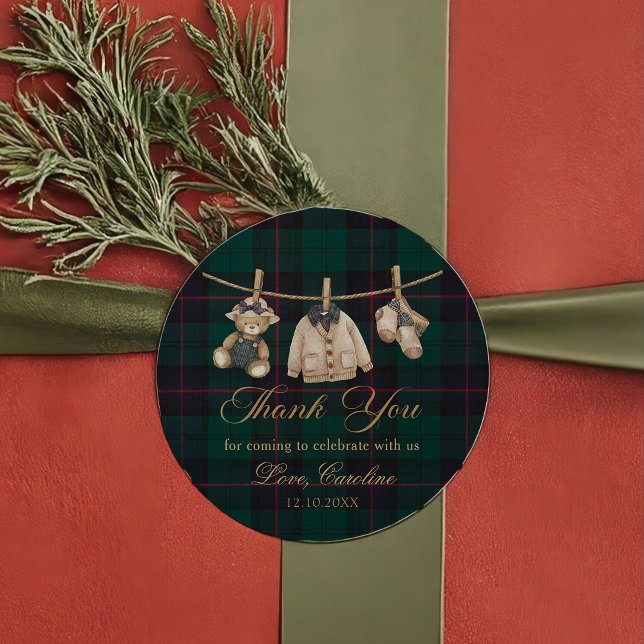 Teddy Bear Green Tartan Baby Shower Sticker (Von Creator hochgeladen)