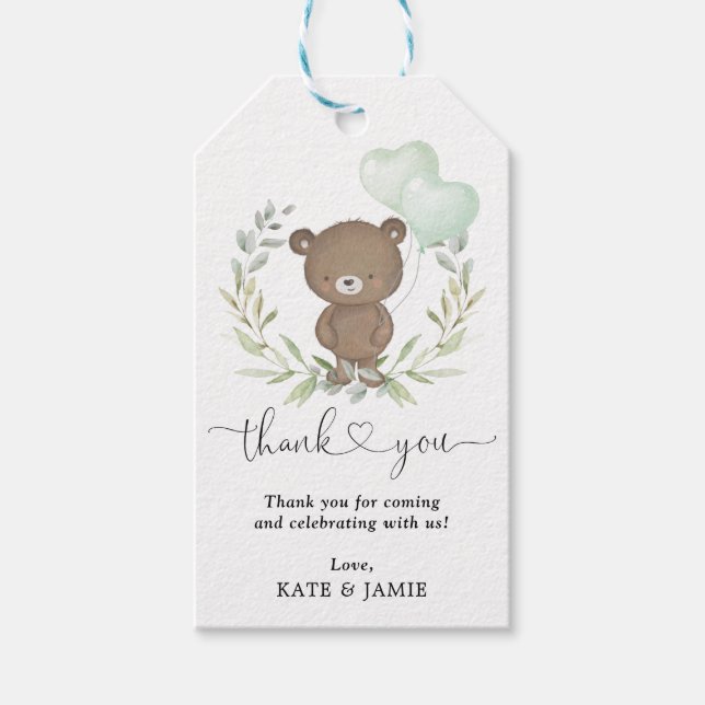 Teddy Bear Greenery Wreath Baby Shower Favoriten Geschenkanhänger (Vorderseite)