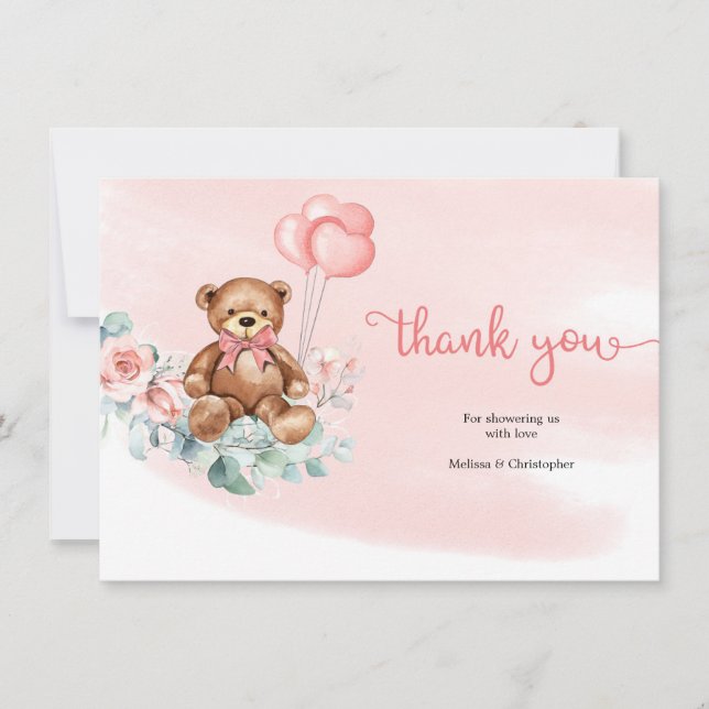 Teddy Bear Greenery Wreath Blush Bloral Rose Baby Dankeskarte (Vorderseite)