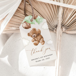 Teddy Bear, Grüne Balloons, erster Geburtstag Geschenkanhänger