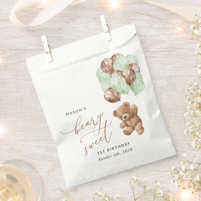 Teddy Bear, Grüne Balloons, erster Geburtstag Geschenktütchen (Ausgeschnitten)