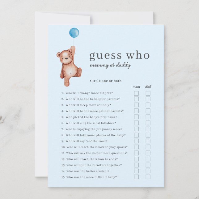 Teddy Bear Guess Who Baby Showspiel Einladung (Vorderseite)