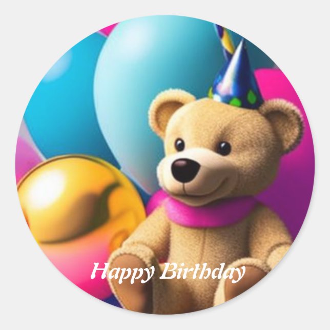 Teddy Bear Happy Birthday Classic Round Sticker (Devant)