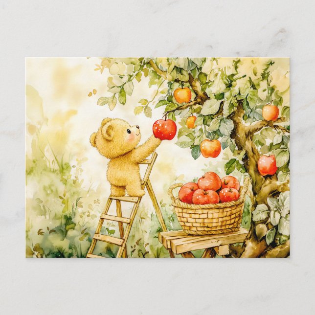 Teddy Bear Harvesting Apples with Ladder Postkarte (Vorderseite)