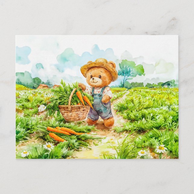 Teddy Bear Harvesting Carrots in a Field Postkarte (Vorderseite)