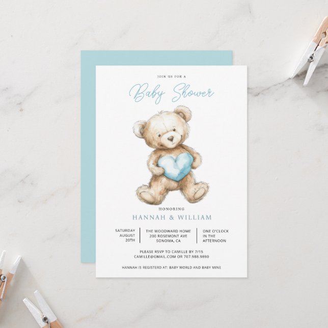 Teddy Bear Heart Boy Blue Baby Shower  Einladung (Vorderseite/Rückseite Beispiel)