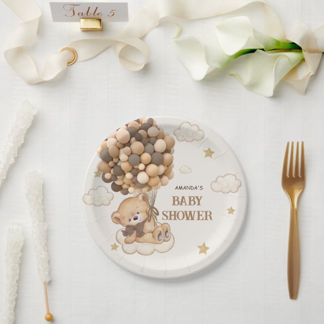 Teddy Bear Holding Brown Balloons Babydusche Pappteller (Hochzeit)