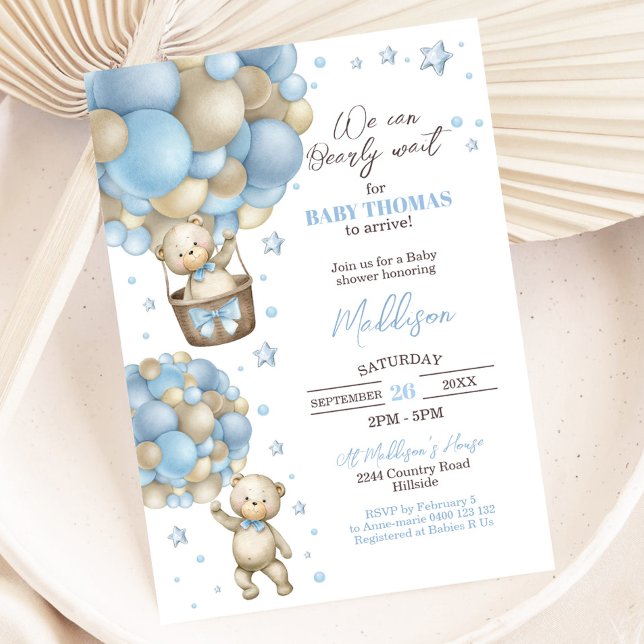 Teddy Bear Hot Air Ballon Babydusche Einladung (Teddy Bear Hot Air Balloon Baby Shower Invitation Boy)
