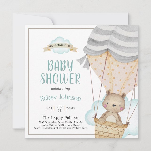 Teddy Bear Hot Air Ballon Babydusche Einladung (Vorderseite)