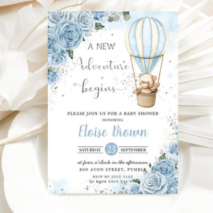 Teddy Bear Hot Air Ballon Blue Floral Baby Dusche Einladung
