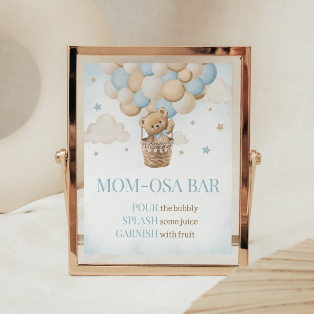 Teddy Bear Hot Air Ballon Mama Osa Bar Poster (Boho Blue Bear Baby Shower Mom Osa Bar Sign)