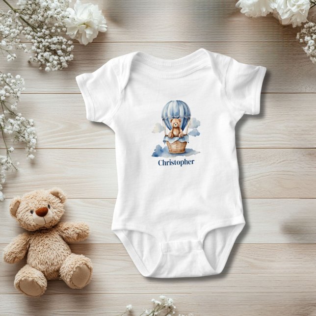 Teddy Bear Hot Air Ballon Personalisiert Blue Boy Baby Strampler (Teddy Bear and Hot Air Balloon Blue Baby Boy Baby Body suit. Personalize it.)