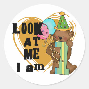 Teddy Bear Ich bin 1 Geburtstag T - Shirt und Gesc Runder Aufkleber