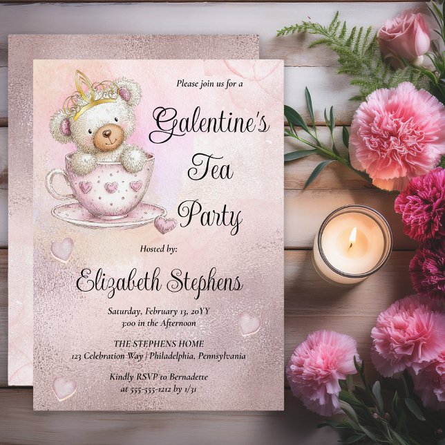 Teddy Bear in a Teacup Galantine's Tea Party Einladung (Galentine’s Tea Party Invitation | Cute Teddy Bear Teacup Valentine Party Invite - Print | Digital)