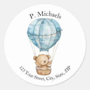 Teddy Bear in Air Balloon Round-Address-Label Runder Aufkleber