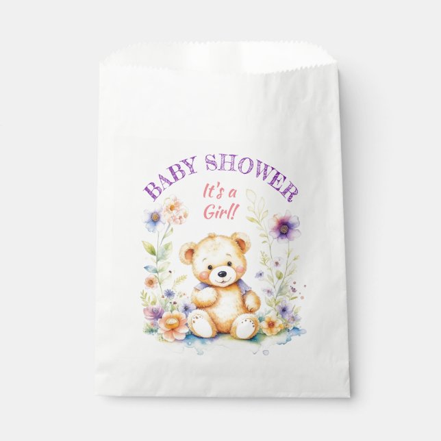 Teddy Bear in Blume Girl's Baby Shower Geschenktütchen (Vorderseite)