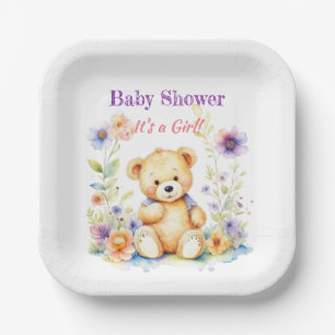 Teddy Bear in Blume Girl's Baby Shower Pappteller