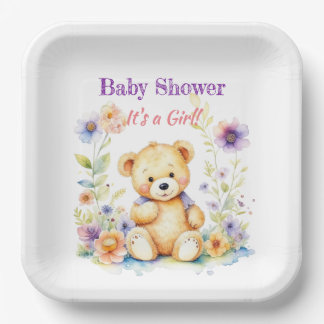 Teddy Bear in Blume Girl's Baby Shower Pappteller
