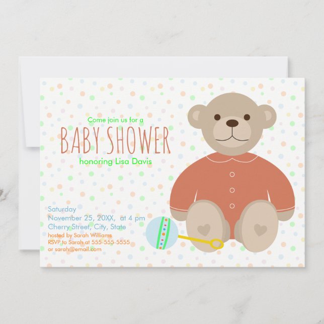 Teddy Bear in Coral Baby Shower Einladung gekleide (Vorderseite)