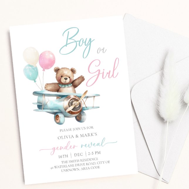 Teddy Bear in Flugzeug Baby Gender Reveal Einladung (Von Creator hochgeladen)