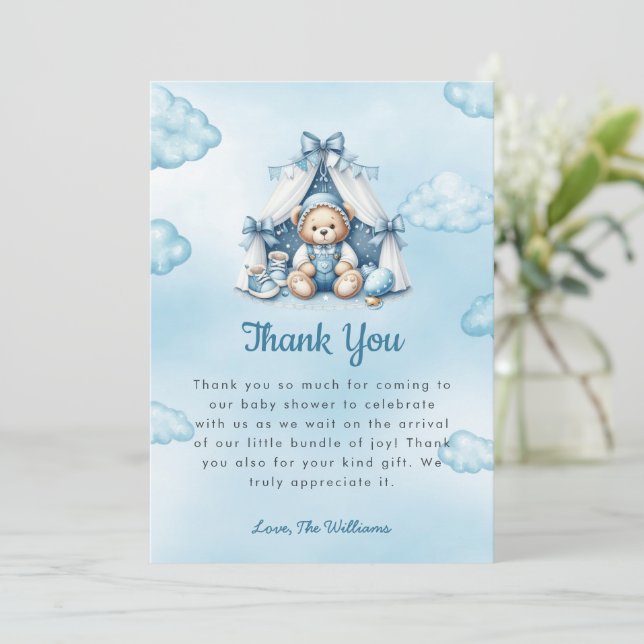 Teddy Bear in Zelt Baby Dusche Danke Karte (Stehend Vorderseite)