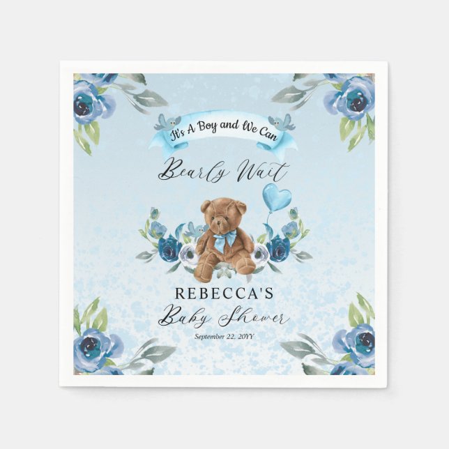 Teddy Bear kann frühzeitig Blue Boy Baby Dusche wa Serviette (Vorderseite)
