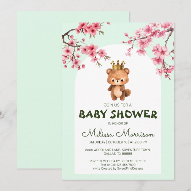 Teddy Bear King Sakura Baby Boy Dusche Einladung (Vorne/Hinten)