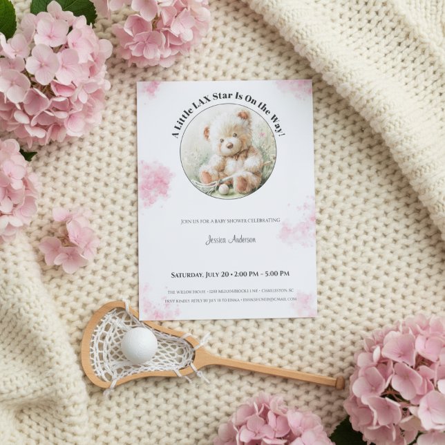Teddy Bear Lacrosse Baby Shower Girl Invitation (Baby shower invitation with lacrosse bear on knitted beige blanket, surrounded by pink hydrangeas an)