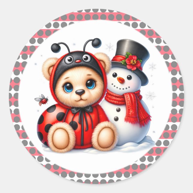 Teddy Bear Ladybug mit Snowman Baby Dusche Runder Aufkleber (Vorderseite)