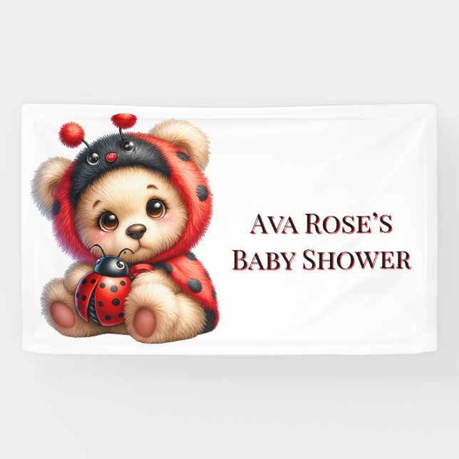 Teddy Bear Ladybug Stripes Girl Babydusche Banner (Horizontal)